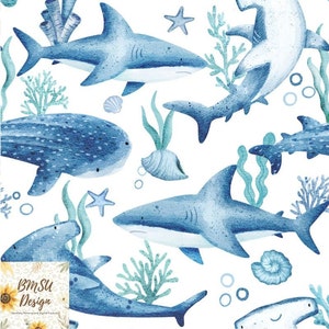 Shark Seamless Pattern, Boy&#39;s Sea life ocean fabric design, Whale shark seamless file, watercolour shark, Sealife nautical digital paper