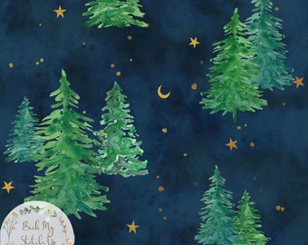 Watercolour Trees Seamless Pattern, Watercolour Forest Seamless Design, Watercolour tree fabric design, Stars and moon Non-Exclusive