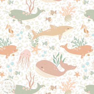 Girly Whale Seamless Pattern, Boho Sea life ocean  design, Narwhal seamless file, shark seamless file, Sealife Leopard print digital paper