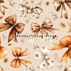 Puede incluir: Un patrón sin costuras con ilustraciones de acuarela de lazos marrones y blancos con hojas de otoño sobre un fondo beige. El patrón es perfecto para telas, papel tapiz o papel de regalo.