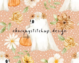 Floral Ghosts Seamless Pattern | Cute ghosts with Flowers surface design | Girls Halloween digital paper | Non Exclusive digital file