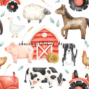 May include: A watercolor illustration of a farm scene with a red barn, a cow, a pig, a sheep, a horse, a goose, a chicken, a dog, and two tractors. The background is white with green leaves.