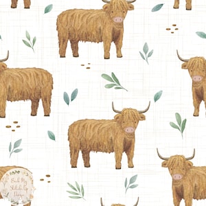 May include: A repeating pattern featuring watercolor illustrations of Highland cows in shades of brown and tan. The cows are interspersed with green leaves and small brown dots on a white background with a subtle textured effect.