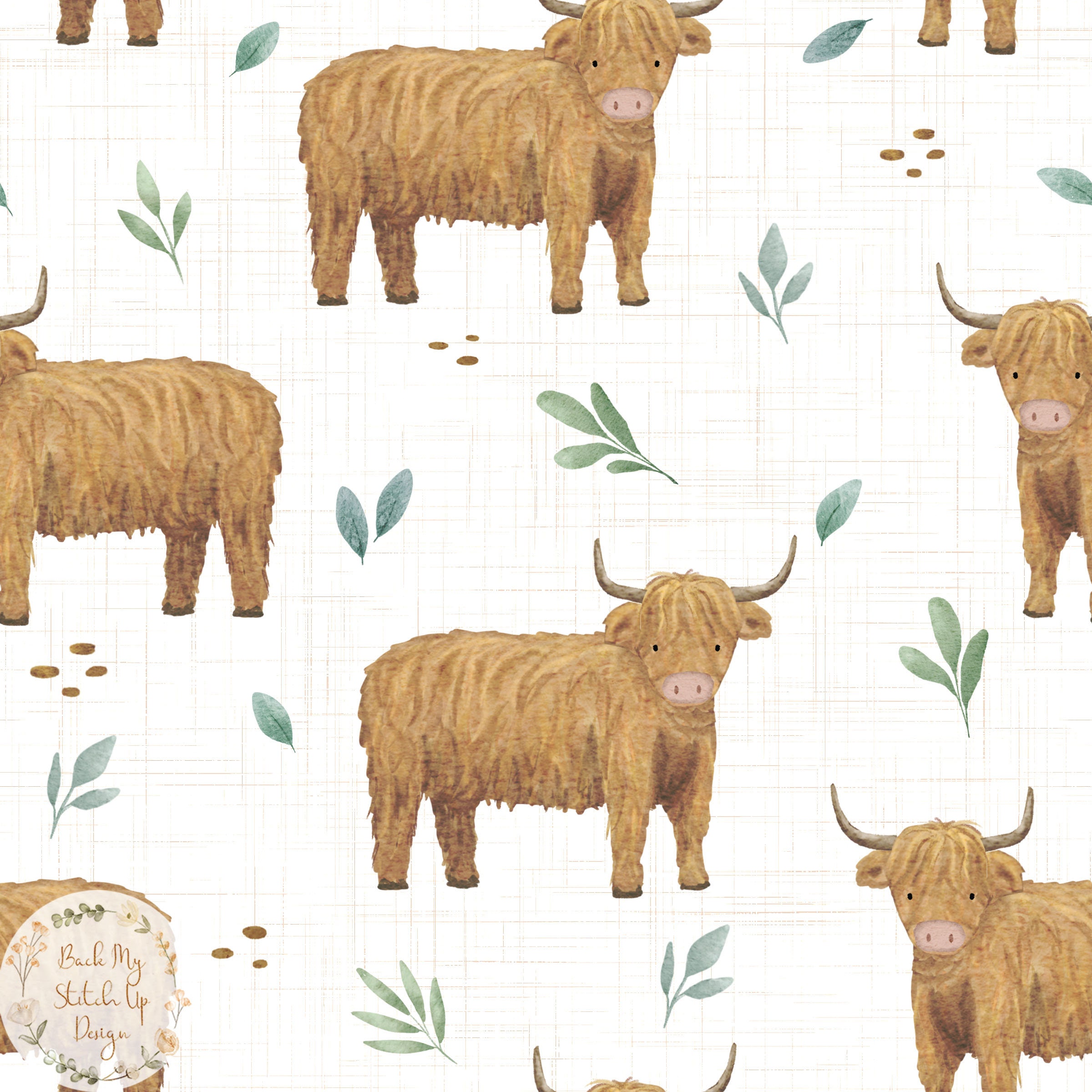 Highland Cow Seamless Pattern, Cute Cow Fabric Design, Longhorn