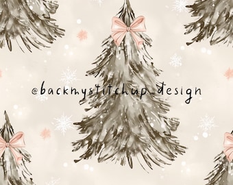 Watercolour Christmas tree with pink coquette Bow Seamless Pattern, Vintage Christmas tree surface design for girls, 10x10 inch DIGITAL JPEG