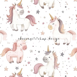 Watercolour Unicorns Seamless Pattern, Cute Unicorn and Stars Digital File, Little Pony fabric design for girls | commercial license