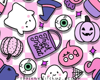 Halloween Doodles Seamless Pattern, Girls Halloween surface design, Cute Ghost pumpkin trick or treat digital paper, Pink purple checks