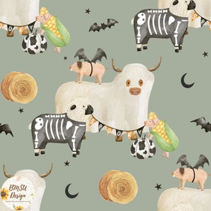 Halloween Farm seamless pattern, Highland Cow Halloween repeat tile, Pig Farm digital paper, Spooky cute kids crafting digital download