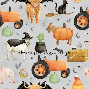 Halloween Farm Seamless Pattern, Halloween tractor sheep highland cow pig chicken digital paper, candy corn pumpkin Fall NON-EXCLUSIVE