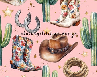 Girls Western Floral Cowboy Boots Seamless Pattern, Pink Cowgirl surface design, Girly Cowboy Boots and Hat digital paper with Cactus