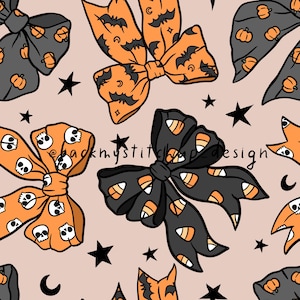 May include: A seamless pattern featuring orange and black bows with various Halloween-themed designs, including bats, candy corn, skulls, and pumpkins. The background is a light peach colour.