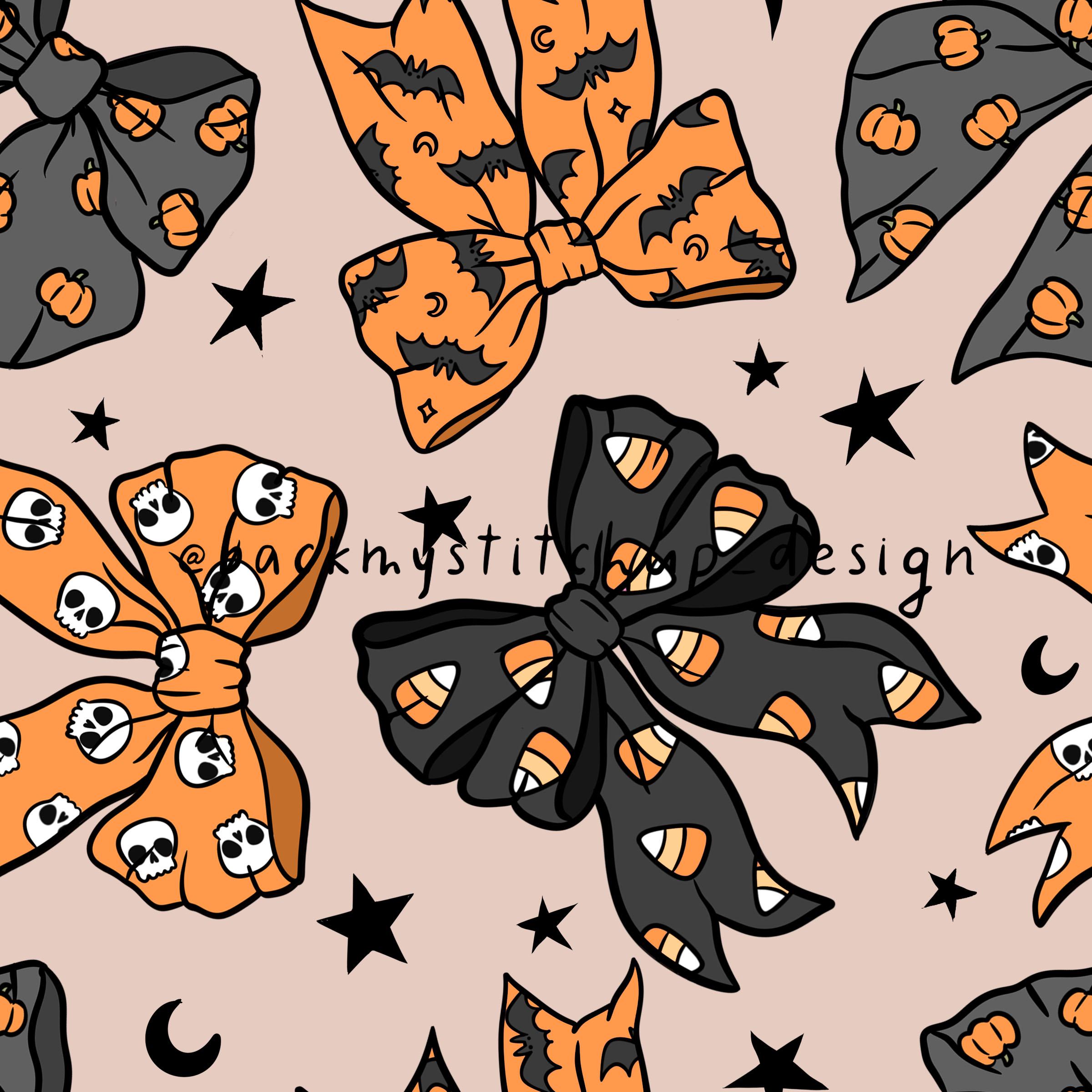 Halloween Bows Seamless Pattern on beige background, Fun Girls Hair Bow surface design with skeletons pumpkins and bats, digital paper