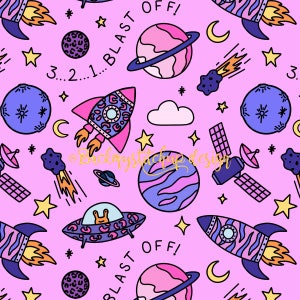 May include: A pink background with a repeating pattern of space-themed illustrations. The design includes rockets, planets, stars, moons, a satellite, a UFO, and the words "3...2...1...BLAST OFF!" in a playful, cartoon style.