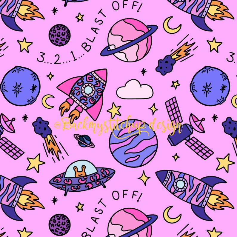 Pink Space Pattern Space Digital Seamless Pattern Tile, Animal Print Rocket Ship Repeat ...
