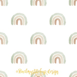 May include: A seamless pattern featuring multiple watercolour rainbows in shades of green, beige, and brown on a white background. The pattern is perfect for use in digital and printed designs.