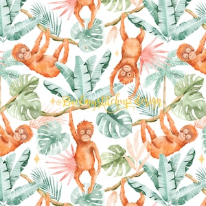 May include: A seamless pattern featuring watercolor illustrations of orangutans swinging from vines in a lush jungle setting. The orangutans are depicted in shades of orange and brown, while the foliage is a mix of green and blue hues. The background is white.