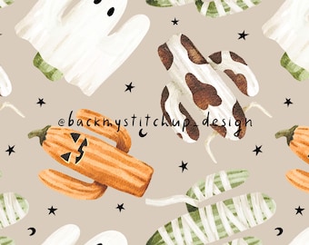Western Halloween Seamless Pattern on white, Fun kids Halloween surface design, Cowboy cowhide pumpkins and Spooky Cactus digital paper