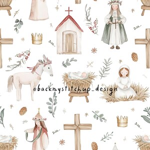 Akvarell julkrubba sömlöst mönster, Jesusbarnet i Betlehem med åsna-yta design, 10 x 10 tum DIGITAL JPEG