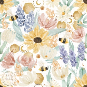 Diseño de tela floral de acuarela, patrón sin costuras de flores de primavera verano, archivo sin costuras de girasol y abeja, papel digital floral boho