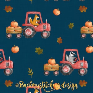 May include: A seamless pattern featuring red tractors hauling pumpkins on a dark blue background. The tractors are driven by a fox and a badger. The pattern also includes autumn leaves and pumpkins.