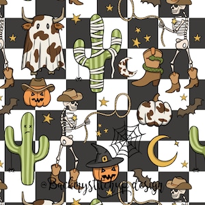 Western Halloween seamless pattern, Cowboy Skeleton digital crafting paper, Cowhide Pumpkin seamless file, Western Pumpkin and Cactus design