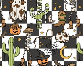Western Halloween seamless pattern, Cowboy Skeleton digital crafting paper, Cowhide Pumpkin seamless file, Western Pumpkin and Cactus design