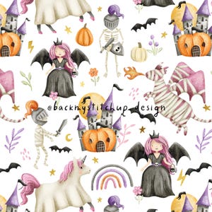 Könnte beinhalten: Ein nahtloses Muster mit verschiedenen Halloween-Charakteren und -Objekten, darunter ein Einhorn, ein Drache, ein Ritter, eine Hexe, ein Schloss und Kürbisse. Der Hintergrund ist weiß mit Sternen und anderen kleinen Details.