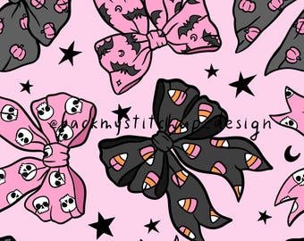Halloween Coquette Bows Seamless Pattern on pink background, Girls Hair Bow surface design with pumpkins, candy corn and bats, digital paper