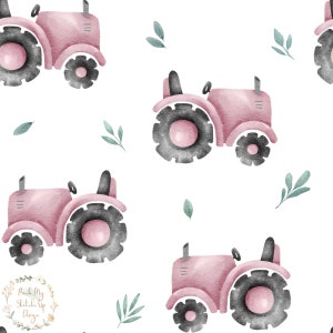 May include: Watercolor pattern featuring pink tractors with black wheels and accents, interspersed with green leaf sprigs, set against a white background. The design is repeated across the surface, creating a seamless pattern. The text "Back My Stitch Up Design" is in the bottom left corner.
