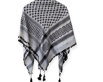 Palestine Scarf Keffiyeh Arafat Hatta Cotton Wide Scarf with Tassels, Shemagh Arab Cotton