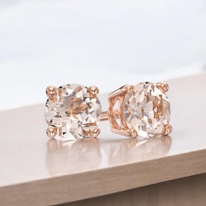 Morganite Solitaire Stud Earring in 14K Rose Gold Plated Sterling Silver, Morganite Earring, Morganite jewelry, Gemstone Earring for Women