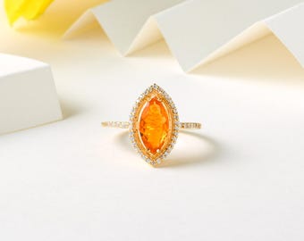 Marquise Mexicaanse vuuropaalring met moissaniet-halo | Geelgouden vergulde edelsteenring | Unieke verlovings- of cadeausieraden voor haar