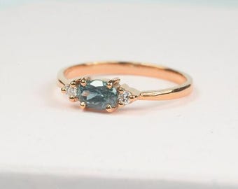 Color Change Alexandrite and Diamond Three Stone Ring in 14k Yellow Gold | June Birthstone Engagement Ring | Unique Gemstone Bridal Jewelry