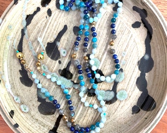 Lapis Lazuli Hand-knotted Mala Style Wrap Necklace with Apatite, Rainbow Quartz, Turquoise and Gold Plated Hematite Accents Om Couture