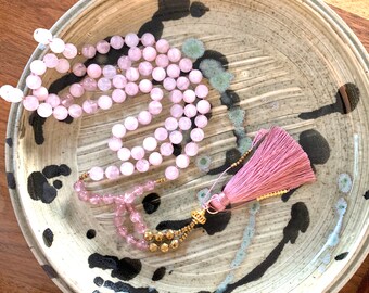 Rose Quartz Mala hand-knotted Necklace with Strawberry Quartz & 24k Gold Plated Hematite 108 Beads Om Couture Prayer Beads