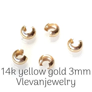 Capas de crimpagem de ouro amarelo maciço 14k de 3 mm – Pacote com 8 | Achados de joias em ouro legítimo | Fabricado nos EUA | Para miçangas, acabamento de colares e reparos