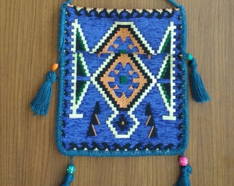 Türkische Kelim Schultertasche mit Quasten - blau anatolischen Teppich Tasche - große Boho Einkaufstasche -