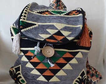 Turkish kilim backpack - Light grey rug bag - Ethnic rucksack - Turkish overnight bag