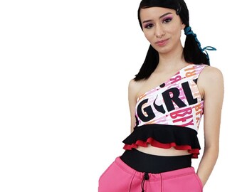custom crop top peplum top workout top with ruffles Solid color one-shoulder athletic top colorful crop top women/'s spandex crop top