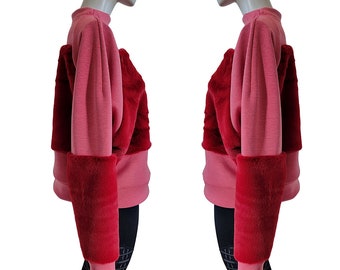 Soft red plush crew neck sweatshirt, handmade one of a kind comfy oversized boxy pullover top, lux fake fur cropped glamour top