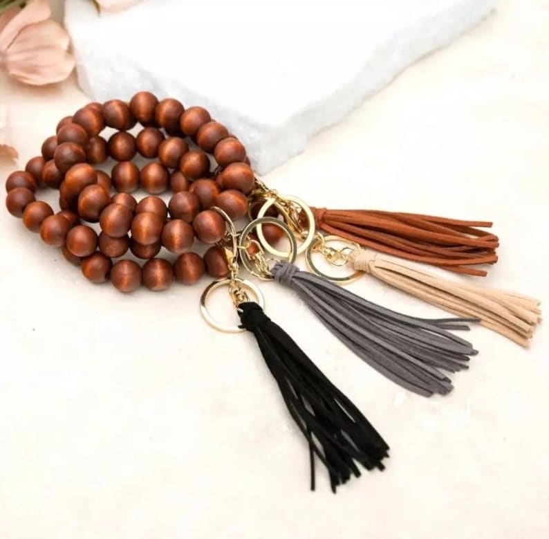 Wooden Bangle Key Chain Large Wood Beads Keychain Bracelets Etsy