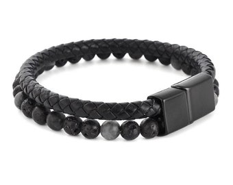 Men’s Black Leather Lava Stone Strength Calming Healing Bracelet/Spiritual Protection Balance Meditation Bracelet/Anxiety Stress Relief Gift