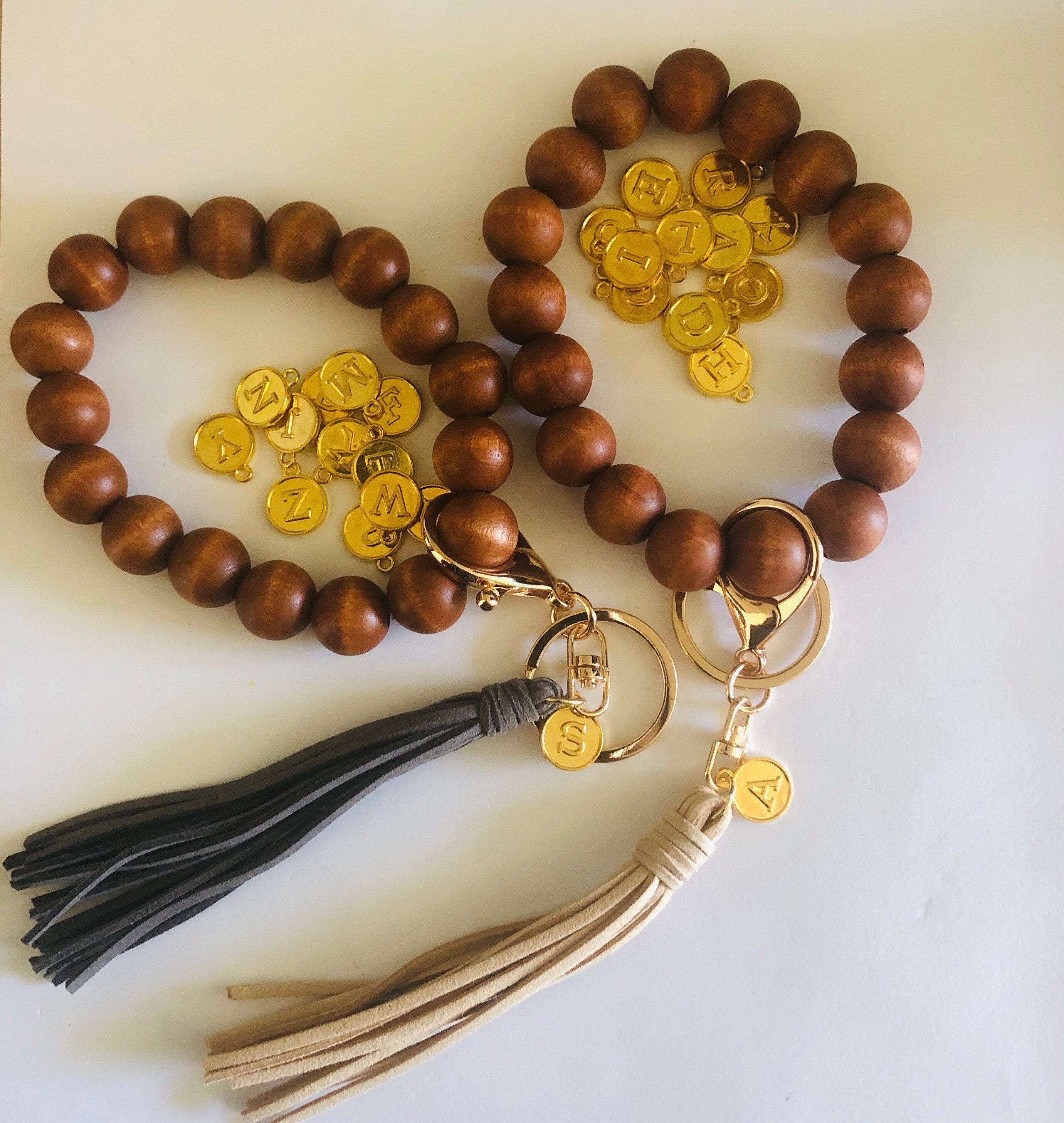 Stretchy Wooden Bangle Key Chain Large Wood Beads Keychain Etsy