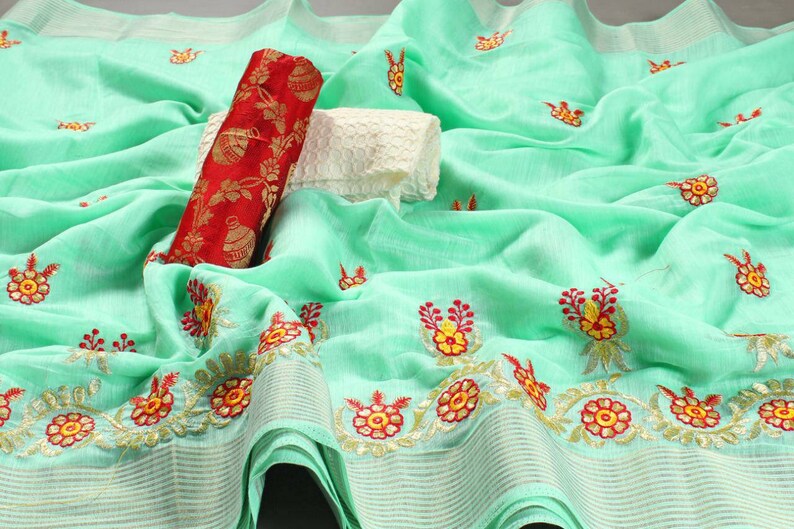 saree dress saree for women awesome saree Amazing Linen silk embroidery work saree with blouse for indian saree