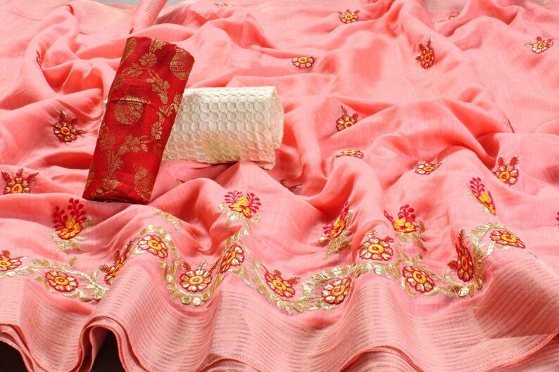 awesome saree saree dress saree for women Latest Linen silk embroidery work saree with blouse for indian saree