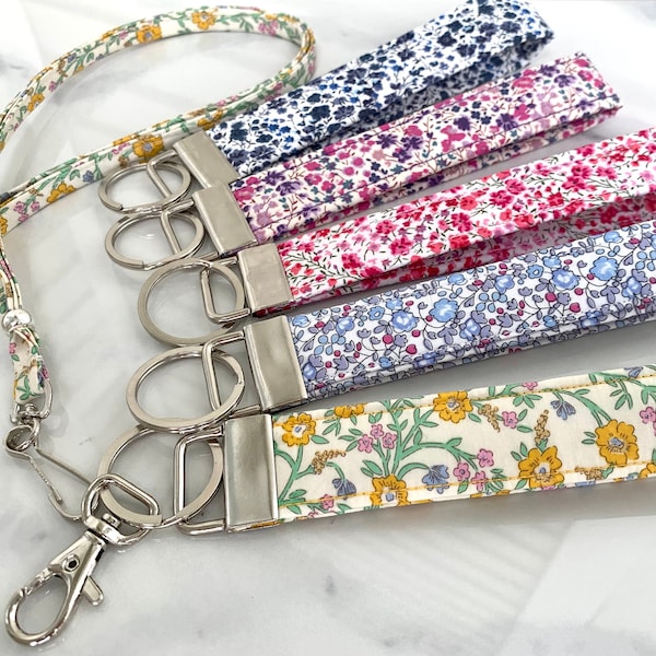 LIBERTY Of LONDON Key Fob -clip | Floral Fabric Wristlet | Skinny  Lanyard for Work  or  School ID |  Liberty  Key Chain Set | Gift for Her