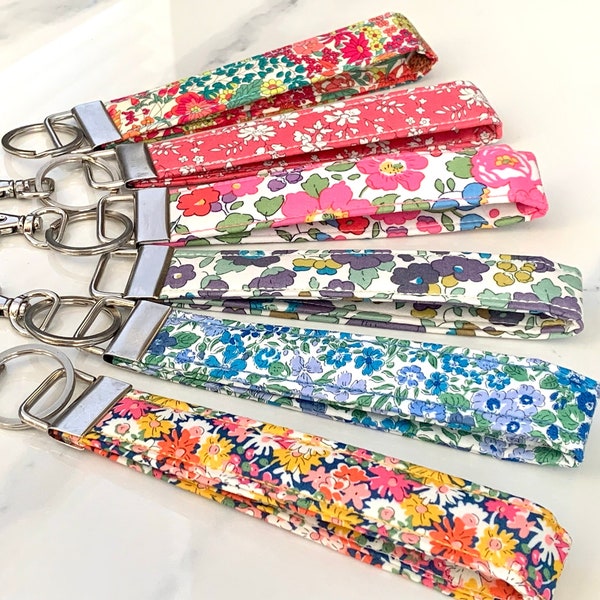 LIBERTY of LONDON Key Fob-Clip|Pretty Floral Fabric Wristlet| Skinny Lanyard for Work or School ID| Gift for Her| Teacher| Mother's Day |