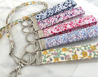 LIBERTY Of LONDON Key Fob -clip | Floral Fabric Wristlet | Skinny  Lanyard for Work  or  School ID |  Liberty  Key Chain Set | Gift for Her