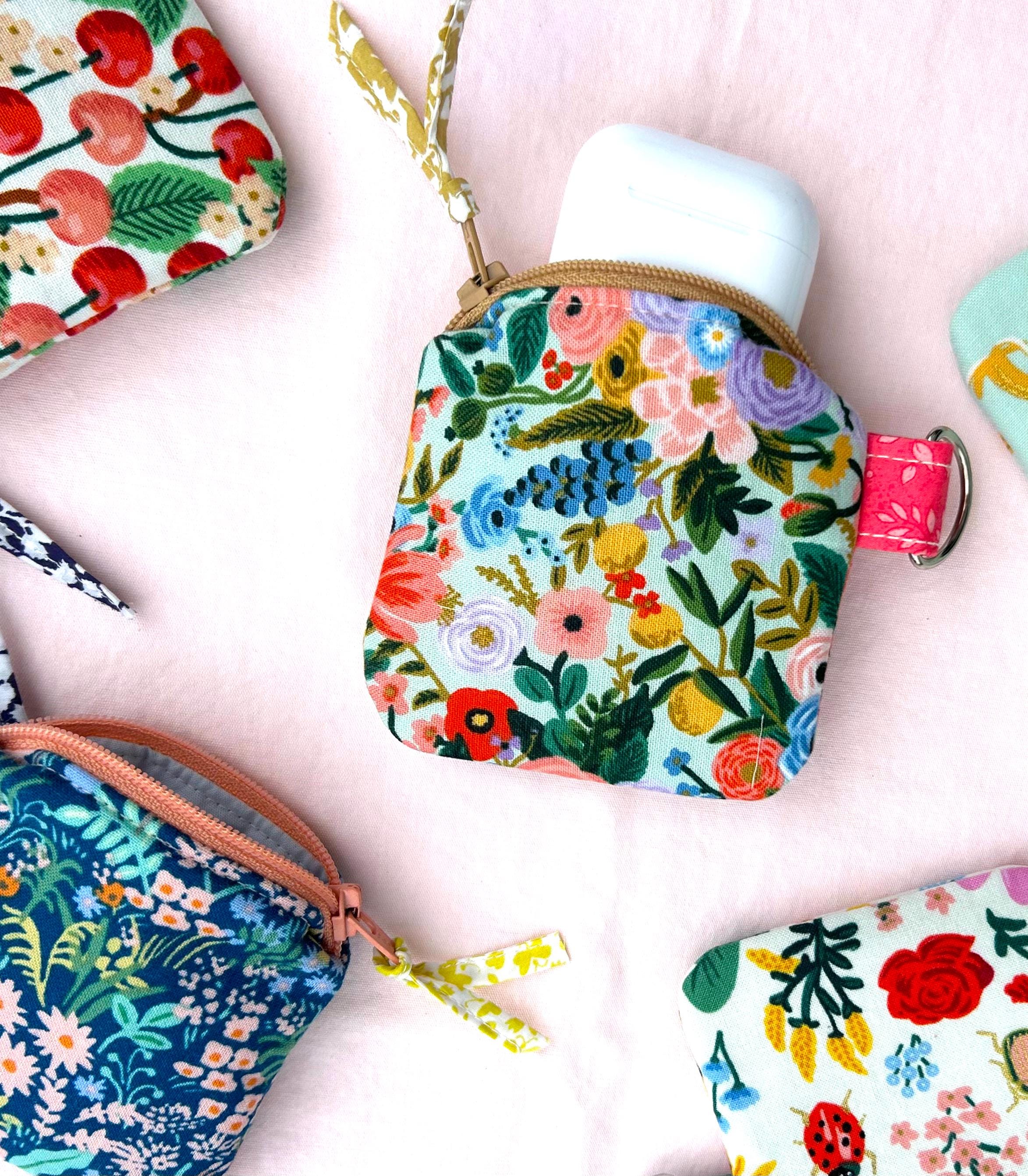 Rifle Paper Co. Fabric Air Pod Case,  Holder for head  phones.   Ear Bud Pouch, Floral Zip Purse, Gift for Her/ Mom/ C0-Worker / Beach / Gym