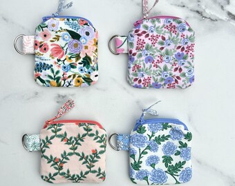 Rifle Paper Co. Coin Purse. Small Zipper Bag.  Air Pod Holder. Clipable Mini Card Case. Floral Faric Pouch. Handmade Gift. Stocking Stuffer